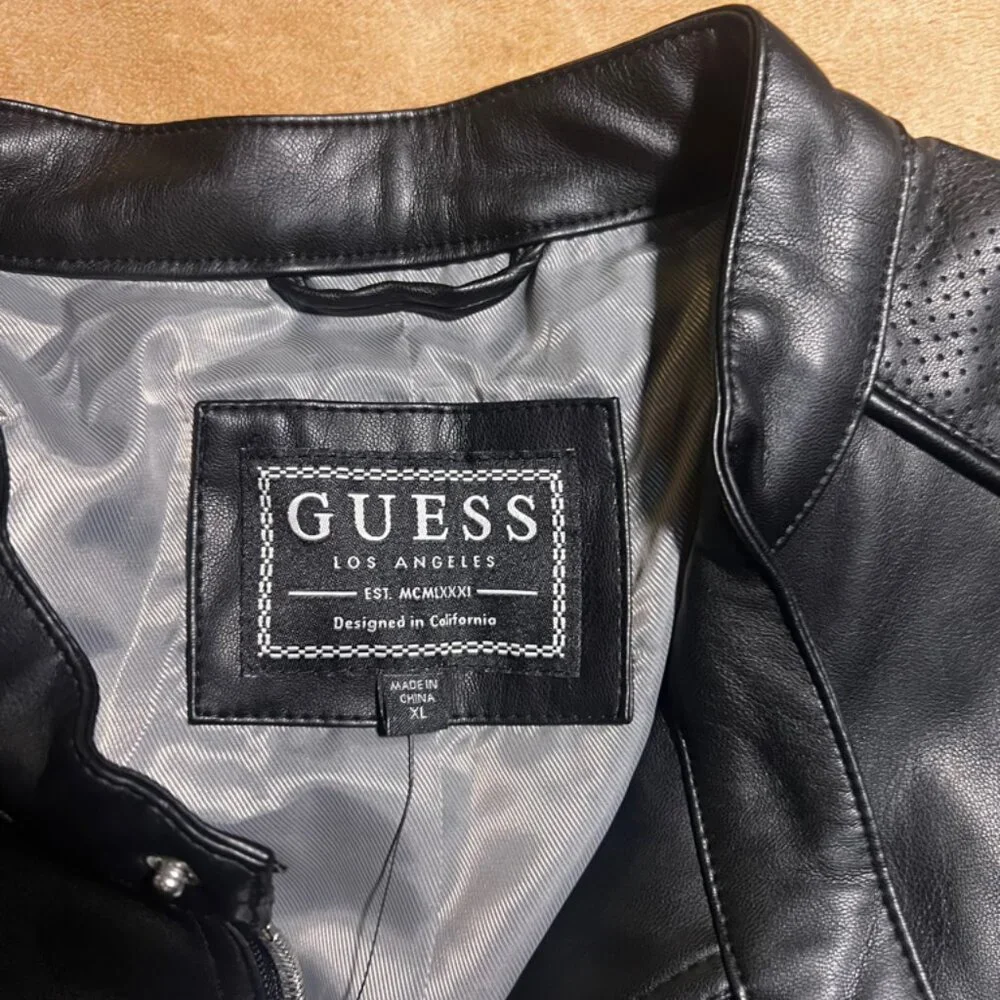 NWT Guess Women XL LS‎ Beau Perforated Jet Black Full Zip Faux Leather Jacket
